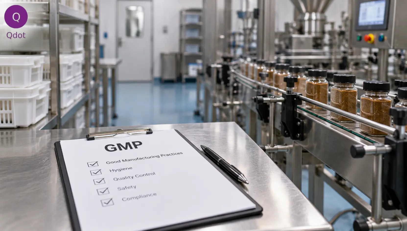 Good Manufacturing Practice (GMP) quality control checklist in a hygienic manufacturing facility in Oman.