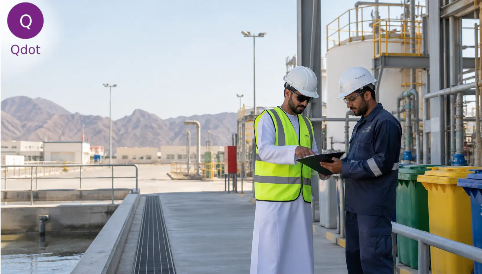 ISO 14001 consultants reviewing environmental management controls at an industrial facility in Oman.